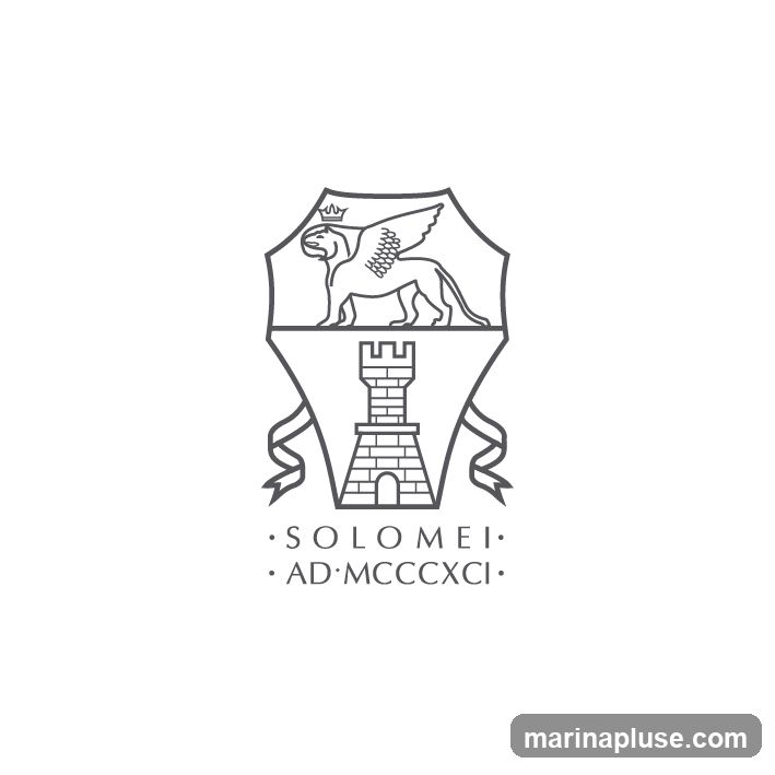 A line drawing logo featuring a winged lion with a crown above a castle tower. Below the tower are the words "SOLOMEI" and "AD MCCXCI" separated by dots.
