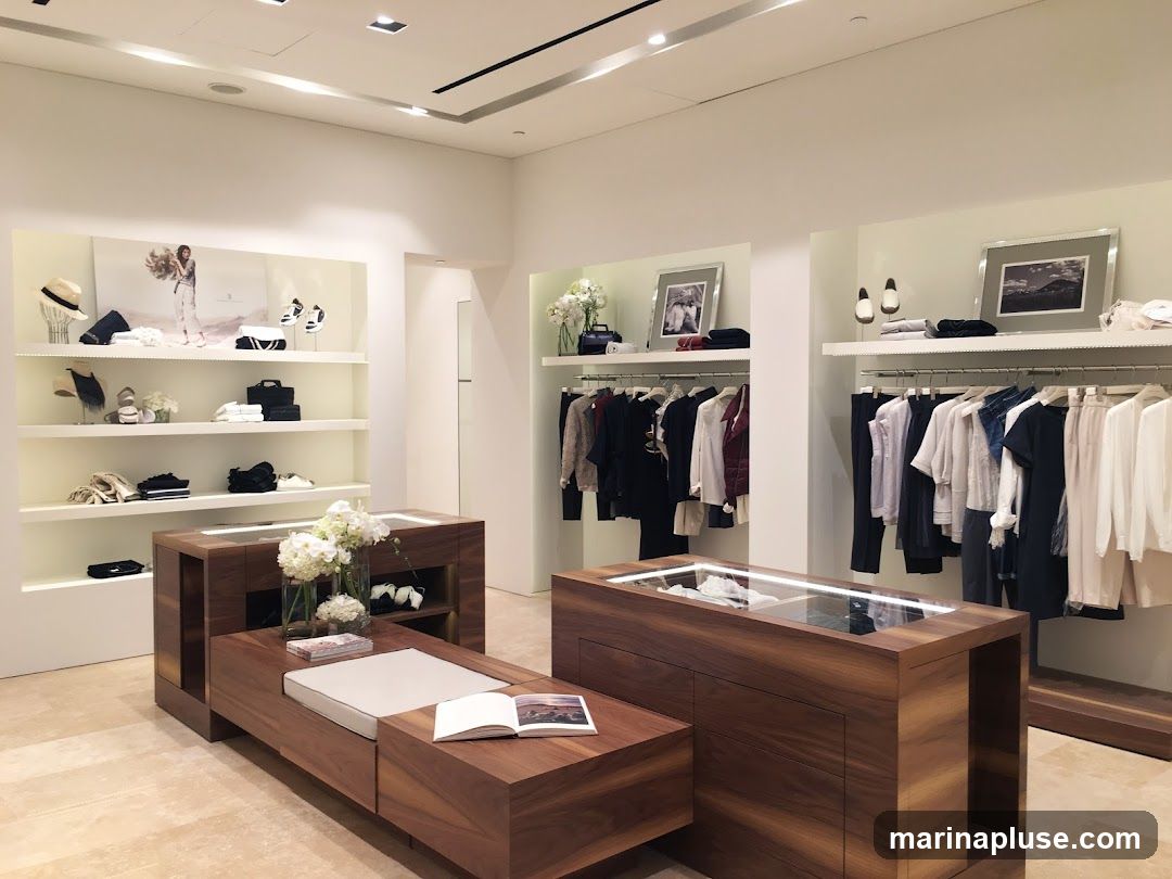 A well-lit, modern clothing store interior with displays of apparel and accessories. Racks of clothing are visible, along with shelves showcasing hats, bags, and shoes. Two wooden display cases with glass tops are positioned in the foreground, one with a cushioned seating area and an open book. The overall aesthetic is clean and minimalist.