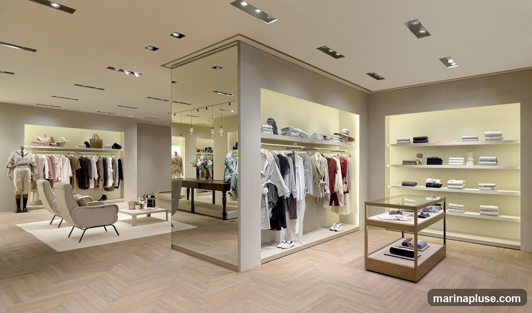 A well-lit, modern clothing store interior with displays of apparel and accessories. Racks of clothing are neatly arranged, and shelves showcase folded garments. Mannequins are dressed in outfits, and a display case exhibits smaller items. Two armchairs and a coffee table create a seating area. Mirrored walls reflect the store's layout.