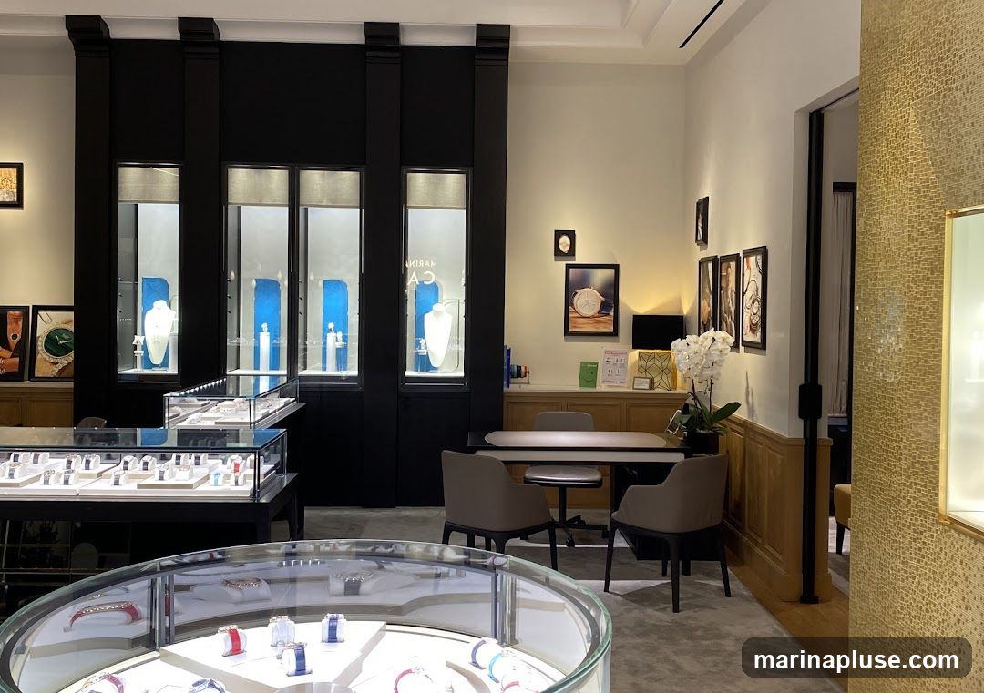The interior of a high-end jewelry store is shown, featuring display cases filled with watches and necklaces. In the background, there is a consultation area with chairs and a desk, adorned with artwork and a floral arrangement. The store has a sophisticated and elegant ambiance.