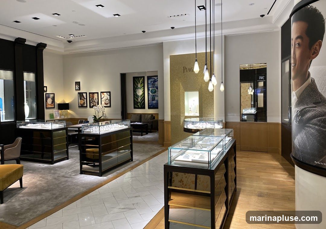 The interior of a high-end jewelry store, featuring display cases filled with watches and jewelry. The store has a sophisticated ambiance with elegant lighting, plush seating areas, and artwork on the walls. A large promotional image of a man is visible on the right side of the frame. The Piaget logo is displayed prominently on a gold-accented wall.
