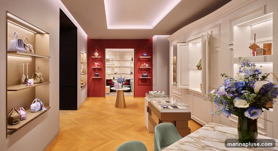 The interior of a high-end store displays a collection of handbags on shelves and in display cases. The store features a modern design with warm lighting, wooden floors, and elegant furnishings. A vase of blue and white flowers adds a touch of color to the scene.