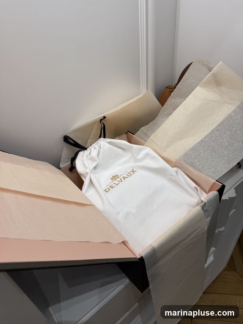A black and pink box is open, revealing a white dust bag with the gold Delvaux logo and crown emblem. The dust bag is cinched with black drawstrings. The box is lined with pink tissue paper and surrounded by cream-colored tissue paper. A portion of a tan leather bag is visible in the background.