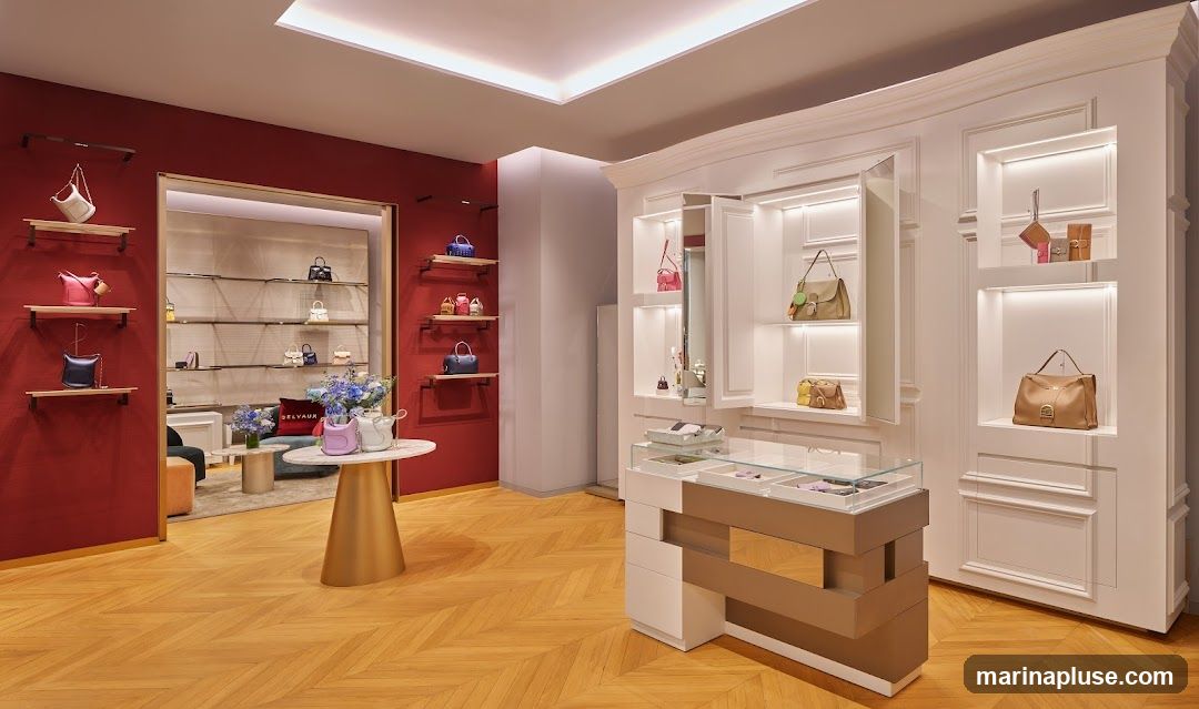 The interior of a high-end store displays various handbags on shelves and in illuminated display cases. The walls are painted a deep red on one side and white with ornate molding on the other. A central display table holds smaller bags and floral arrangements. The floor is made of polished wooden planks arranged in a herringbone pattern.