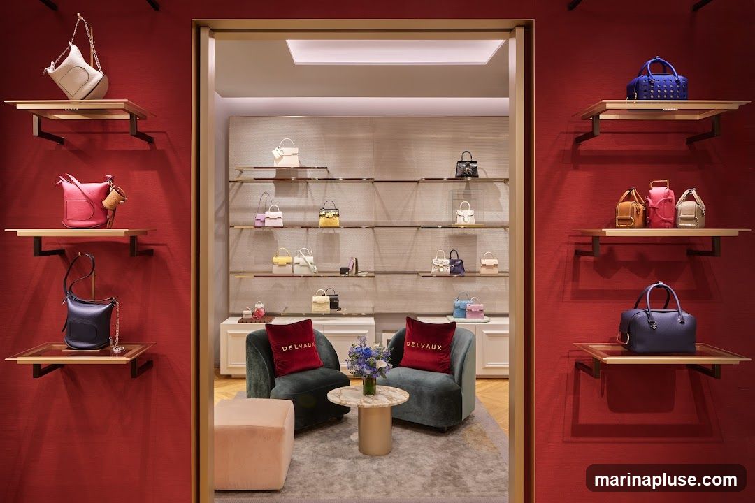 A well-lit and elegantly designed interior of a luxury handbag store. Red textured walls flank a central display area. Shelves on the red walls and within the central display showcase a variety of handbags in different colors and styles. Two plush green armchairs with red cushions bearing the 'DELVAUX' logo are placed in the center, facing a marble-topped round table with a floral arrangement. A light-colored ottoman sits to the left. The overall ambiance is sophisticated and upscale.