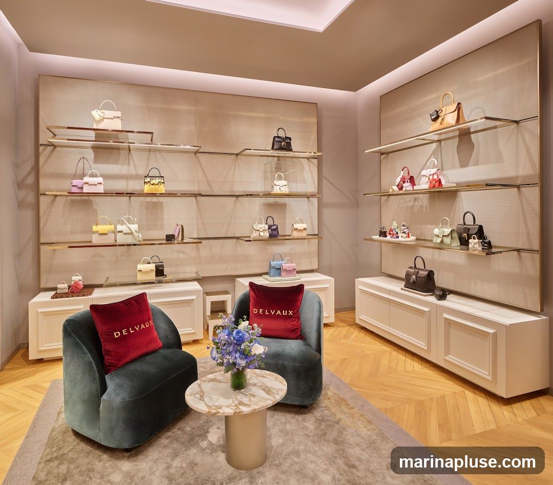 A well-lit boutique interior showcases a collection of designer handbags displayed on tiered shelves. Two plush armchairs with red velvet cushions bearing the 'DELVAUX' logo are arranged around a marble-topped coffee table with a floral arrangement. The store features light wood flooring and elegant display cabinets.