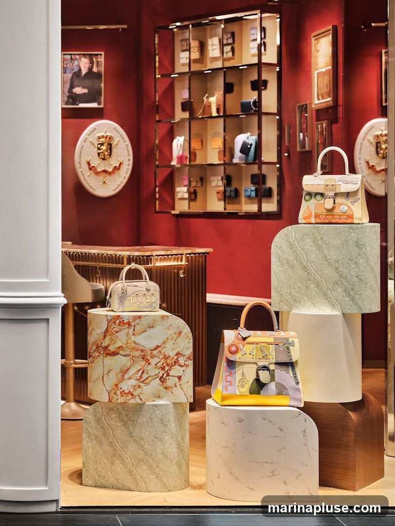 A retail display featuring several designer handbags on marble-patterned pedestals. In the background, a wall-mounted shelf displays more handbags, and a framed portrait and crest are visible. The overall aesthetic is elegant and luxurious.