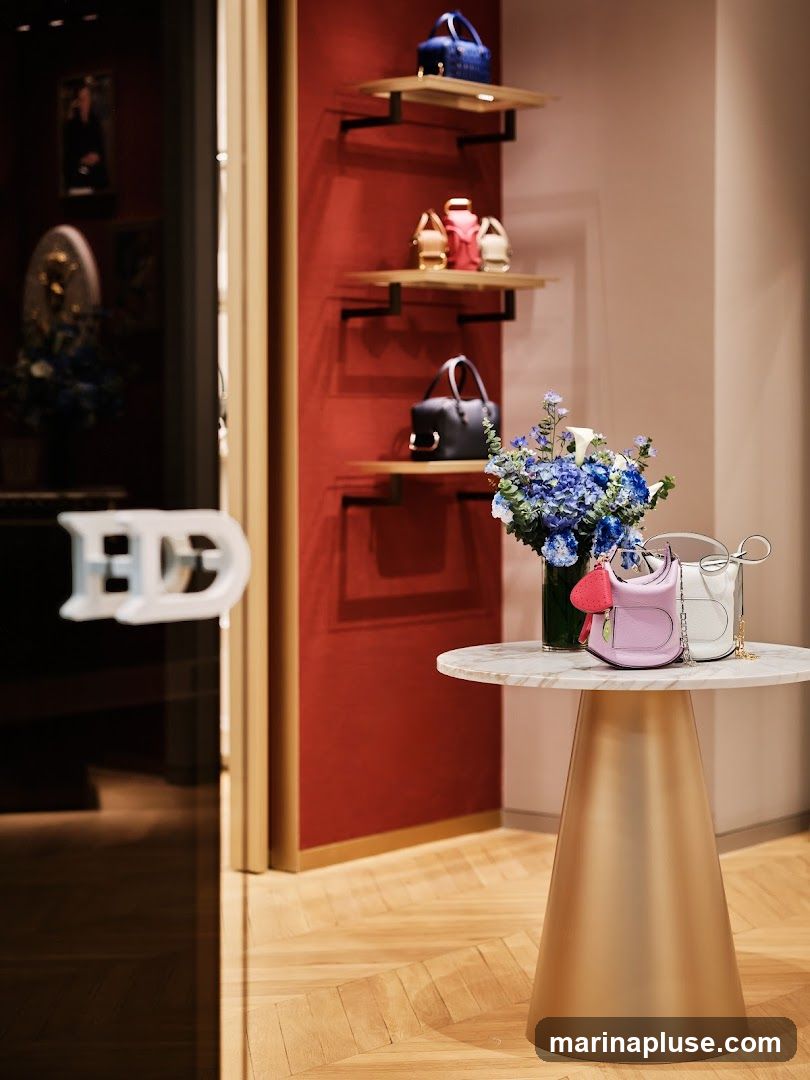 A display of luxury handbags on shelves and a marble-topped table in a well-lit store. The shelves are mounted on a red wall, showcasing a blue handbag, several smaller colorful bags, and a black handbag. On the table, a vase of blue flowers complements a pink and a white handbag. The store features a herringbone wooden floor and a glimpse of a reflective entrance area with a white logo.