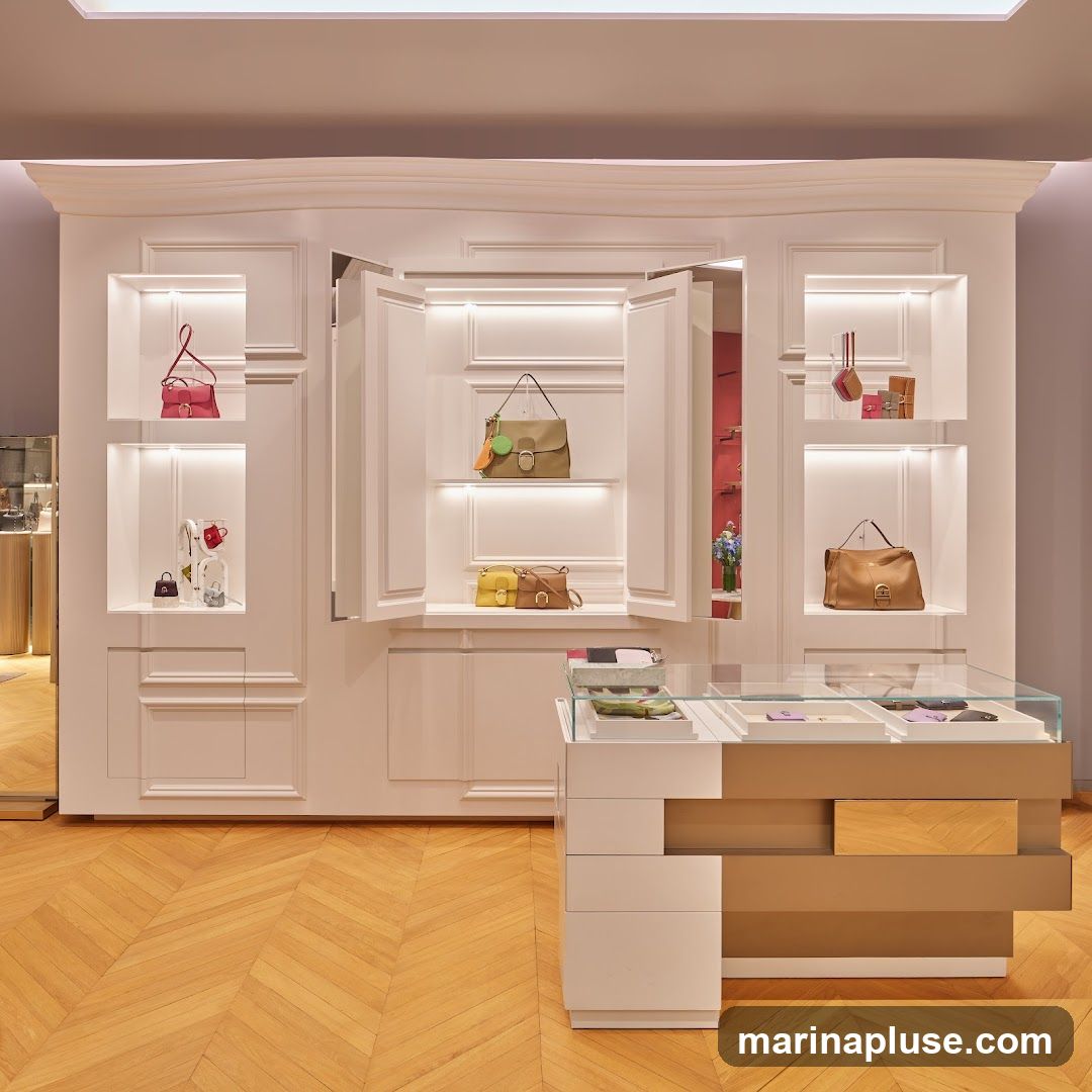 A well-lit display of handbags and accessories in a retail store. The display features white shelving units with recessed lighting, showcasing various handbags in different colors and sizes. A central cabinet with open doors reveals more handbags. In the foreground, a glass display case holds smaller items, possibly wallets or cardholders. The flooring is a polished wooden parquet.