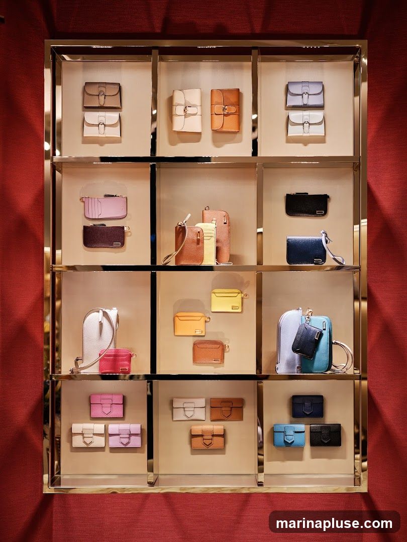 A retail display case featuring multiple shelves filled with various small leather goods, including wallets, clutches, and small handbags. The items are arranged in a grid formation, with each shelf divided into compartments. The products are presented in a range of colors, such as beige, white, brown, pink, purple, yellow, blue, and black. The display case has a metallic gold frame and is set against a textured red background.
