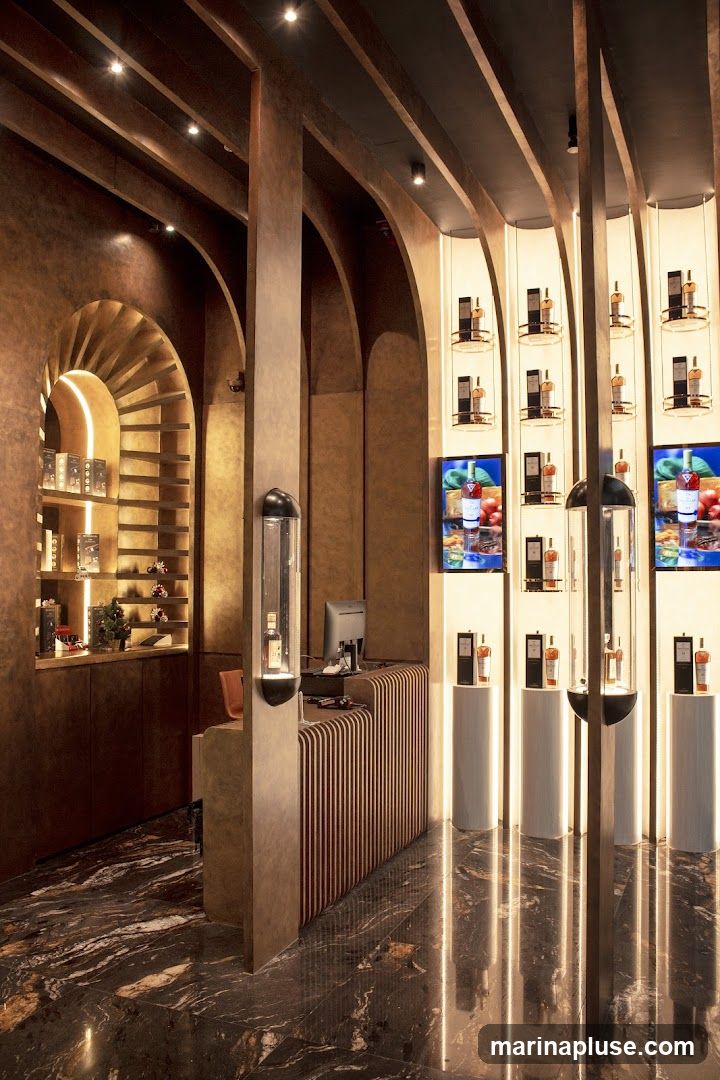 The interior of a high-end retail store with a modern and luxurious design. The walls and ceiling are finished in warm, metallic tones, with arched architectural elements. Shelving units display various products, possibly spirits, illuminated by soft lighting. A reception desk with a striped facade is visible, along with digital screens showcasing product imagery. The floor is made of polished dark marble with intricate veining.