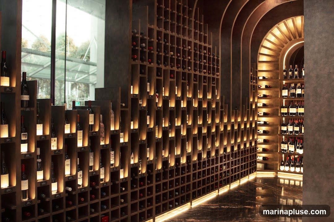 A well-lit wine cellar with numerous bottles displayed on wooden shelves. The shelves are arranged in a staggered pattern, with individual spotlights illuminating each bottle. The background features a large window with a view of trees and a modern building. To the right, a curved wall with more wine bottles is visible, illuminated by warm lighting. The floor is a dark, polished marble.