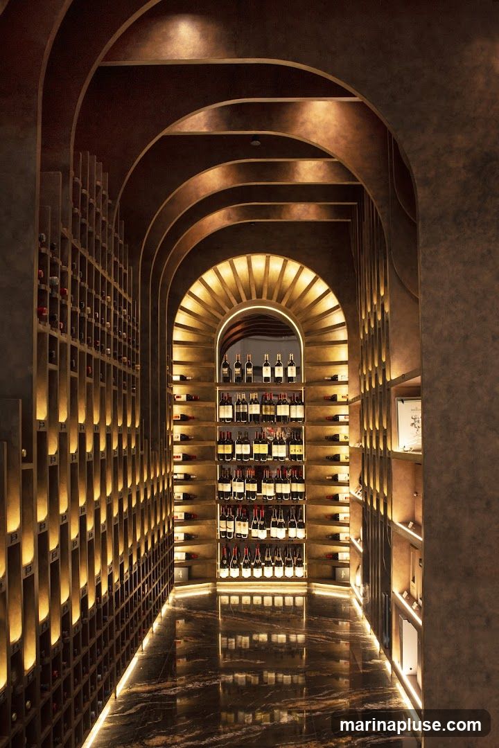 A well-lit wine cellar with arched ceilings and extensive shelving filled with wine bottles. The floor is a polished marble with reflections of the shelves and lighting.