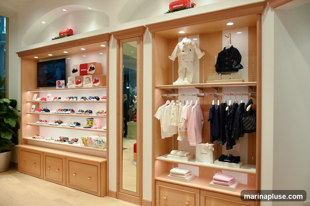 A well-lit retail display featuring children's clothing and shoes. On the left, shelves are stocked with various pairs of children's shoes, from sneakers to boots. A television screen is mounted above the shoe display. On the right, a mannequin is dressed in a white outfit, and several racks of children's clothing, including shirts and jackets, are neatly arranged. Gift boxes and folded clothing items are also visible on the shelves. The store has a clean and modern aesthetic with wooden shelving and cabinetry.