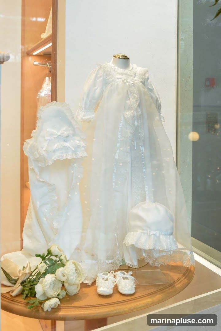 A display window showcases a white christening gown on a mannequin, a matching bonnet, a christening blanket, a pair of baby shoes, and a bouquet of white roses. The items are arranged on a wooden surface within a brightly lit display case.