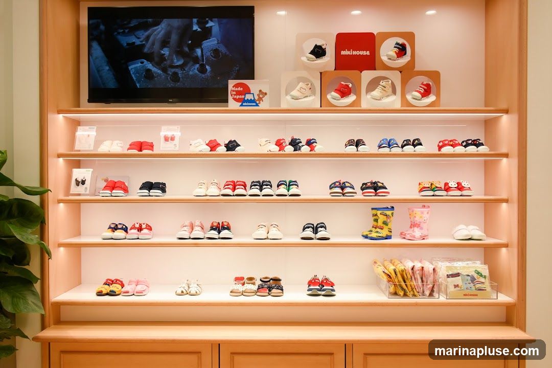A well-lit display shelf filled with various styles of children's shoes, including sneakers, sandals, and boots. A television screen at the top shows a video, and decorative boxes with the Miki House logo are also visible.