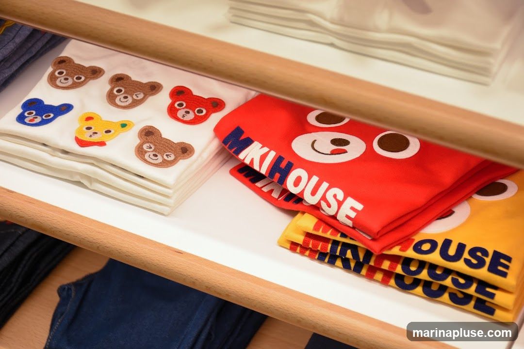 A close-up view of folded children's t-shirts on a shelf. The t-shirts are white, red, and yellow, featuring embroidered and printed bear faces and the brand name "MIKI HOUSE".
