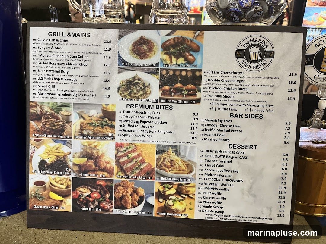 Menu with sections for Grill & Mains, Premium Bites, Bar Sides, and Dessert. Includes images of various dishes.