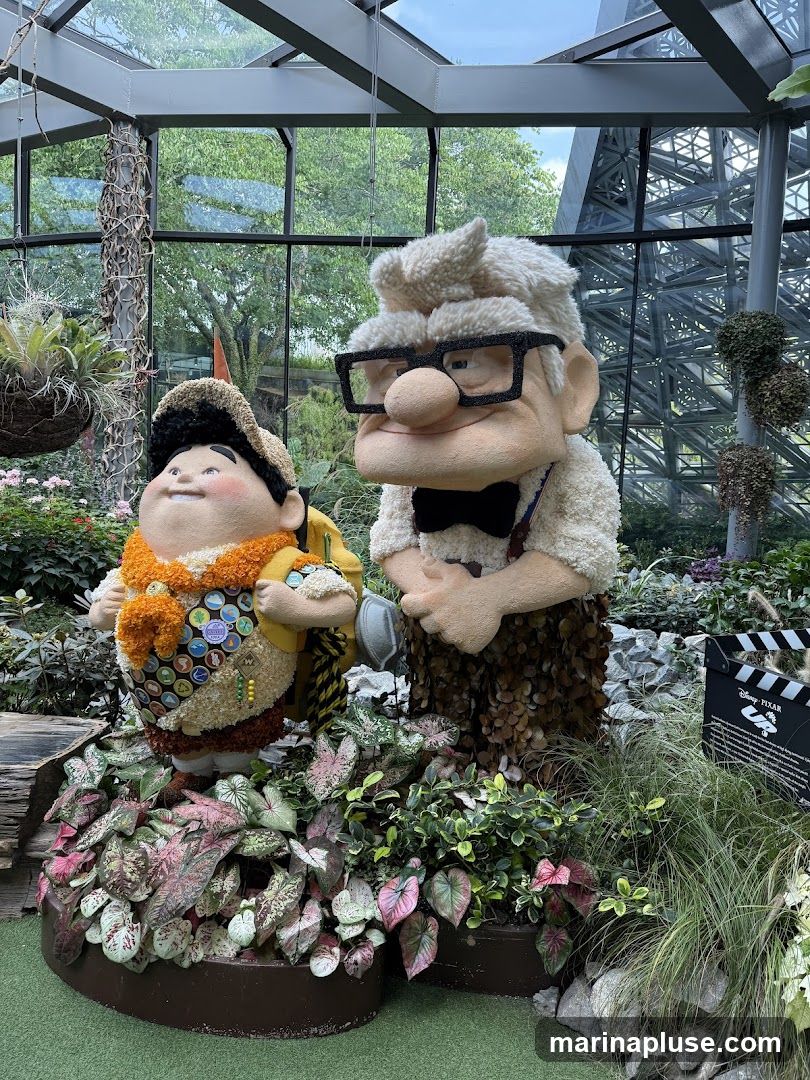A display featuring character figures of Carl Fredricksen and Russell from the Disney Pixar movie Up, set within a greenhouse or botanical garden. The figures are surrounded by lush greenery and plants. A clapperboard with the Disney Pixar Up logo is visible to the right.
