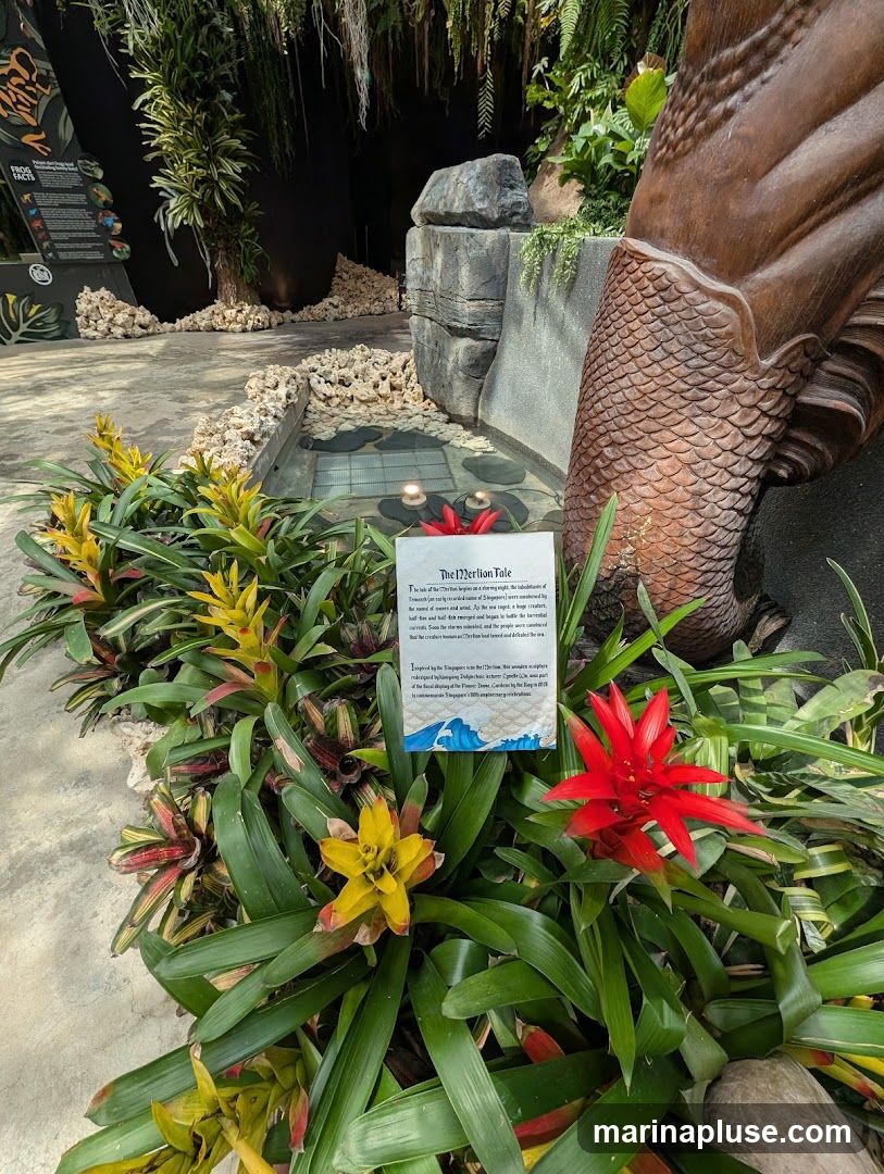 A display featuring lush greenery, including bromeliads with red and yellow flowers, surrounding a small water feature. A large, textured sculpture resembling a mermaid's tail is visible on the right. A sign titled "The Merlion Tale" provides a narrative about the Merlion's origin and its role in Singapore's history. Another informational panel with frog facts is partially visible on the left.