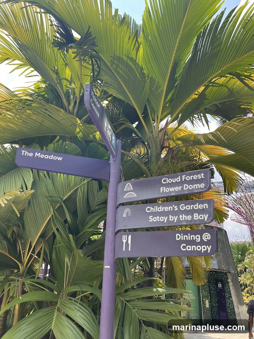 A purple directional signpost with multiple signs pointing to different attractions. The signs indicate directions to 'The Meadow', 'Visitor Centre', 'Cloud Forest Flower Dome', 'Children's Garden Satay by the Bay', and 'Dining @ Canopy'. The signpost is surrounded by lush green palm trees and foliage. In the background, a building entrance with a green door and patterned walls is visible.