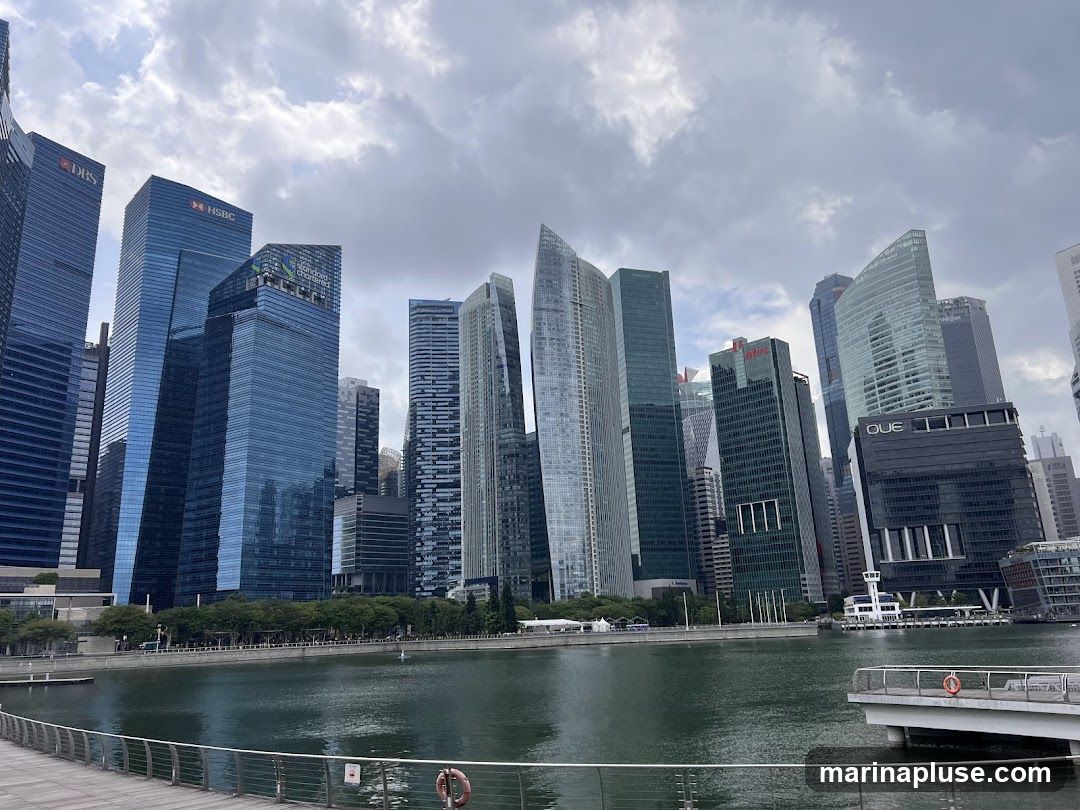A wide shot of a modern city skyline dominated by tall glass skyscrapers, reflected in the calm water of a bay or river in the foreground. The sky is overcast with dramatic clouds. Signs for DBS, HSBC, and Standard Chartered are visible on some buildings.