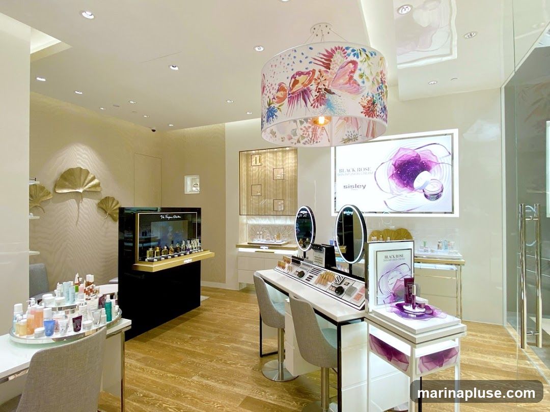 The interior of a well-lit cosmetics store. Display shelves are filled with various skincare and makeup products. A large advertisement for Sisley's Black Rose Skin Infusion Cream is prominently displayed. Decorative elements like golden leaf motifs and a floral lampshade add to the ambiance.