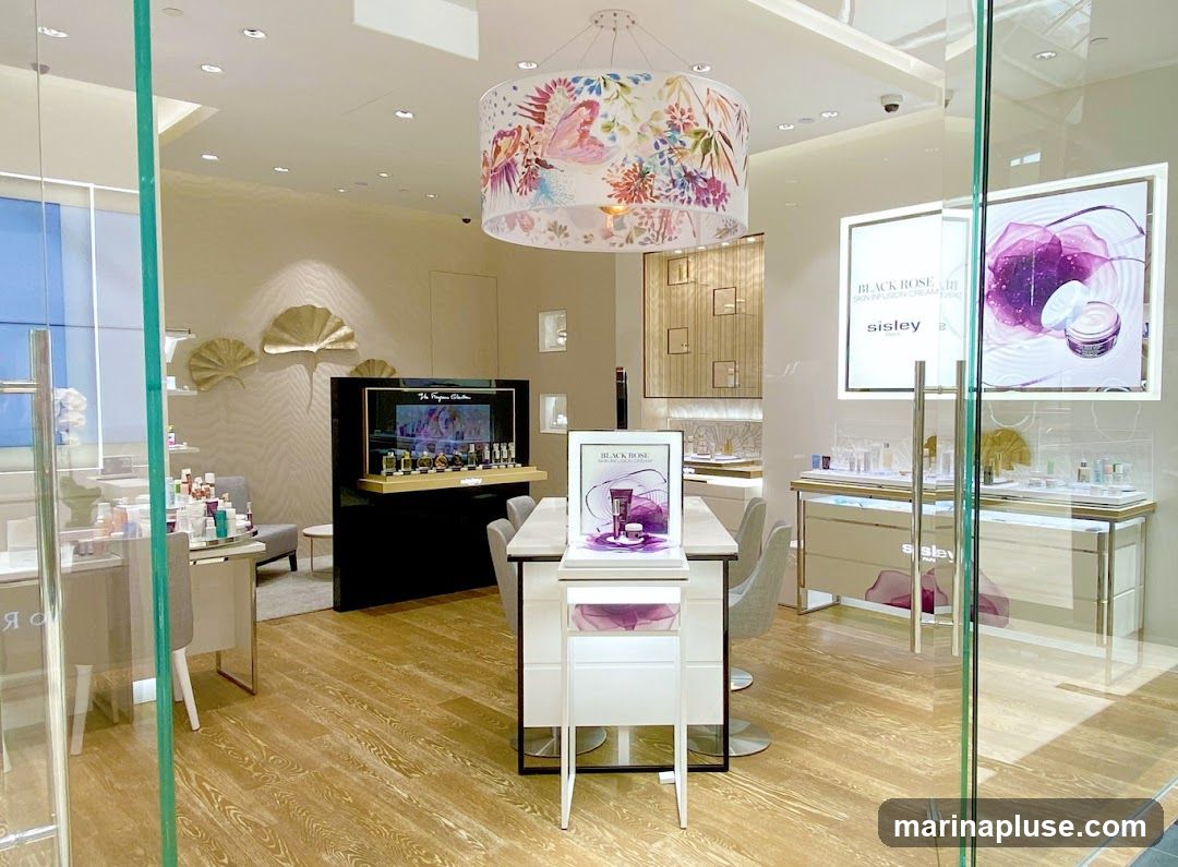 The interior of a Sisley beauty store, featuring displays of skincare and fragrance products. A large, decorative lampshade with floral and butterfly motifs hangs from the ceiling. Product displays are arranged on shelves and tables, with promotional signage visible. The store has a modern and elegant design with light wood flooring and neutral-toned walls.