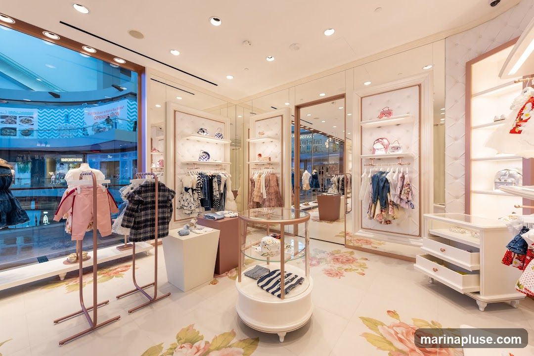 The interior of a brightly lit children's clothing store. Racks of clothing, including dresses, outfits, and outerwear, are displayed. Shelves hold accessories like handbags and hats. A glass display case showcases folded garments. The floor is decorated with a floral pattern. Mirrors line the walls, reflecting the store's layout. Through a large window, another section of a mall is visible, with various shop fronts and signage.