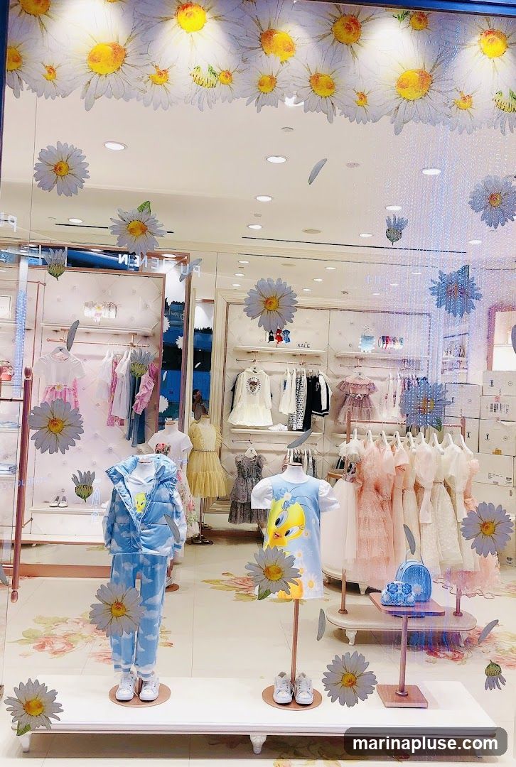 A brightly lit store window displays children's clothing. The window is decorated with large daisy cutouts and floral patterns on the floor. Mannequins are dressed in various outfits, including a blue puffer suit with cloud patterns, a dress featuring Tweety Bird, and several pastel-colored dresses. Racks of clothing are visible inside the store, along with shelves displaying boxes.