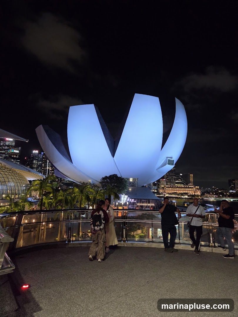 A group of people stand on a walkway at night, with the illuminated ArtScience Museum in the background. The museum's distinctive lotus-shaped roof glows with a soft blue light. In the distance, the city skyline is visible, with lights reflecting on the water. Palm trees and other greenery are also present on the walkway.