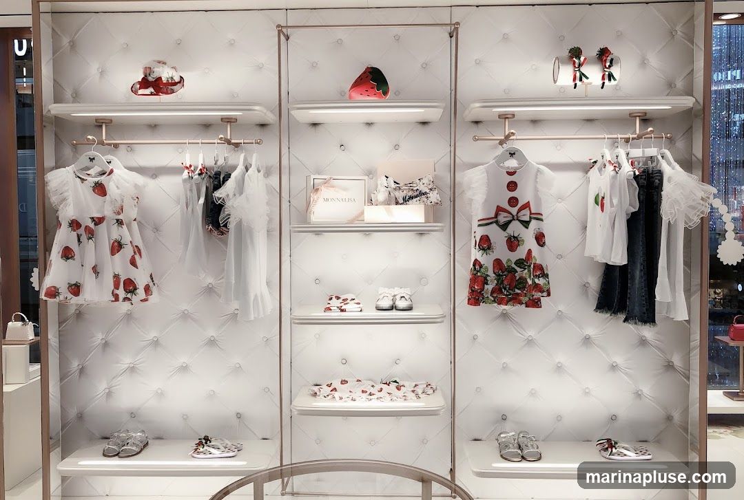 A well-lit display of children's clothing and accessories, featuring a white tufted wall with shelves and hanging racks. The collection prominently displays strawberry-themed dresses, tops, and shoes. A small white handbag is visible on the left, and a strawberry-shaped clutch is on a shelf in the center. The brand name "MONNALISA" is visible on a gift box.