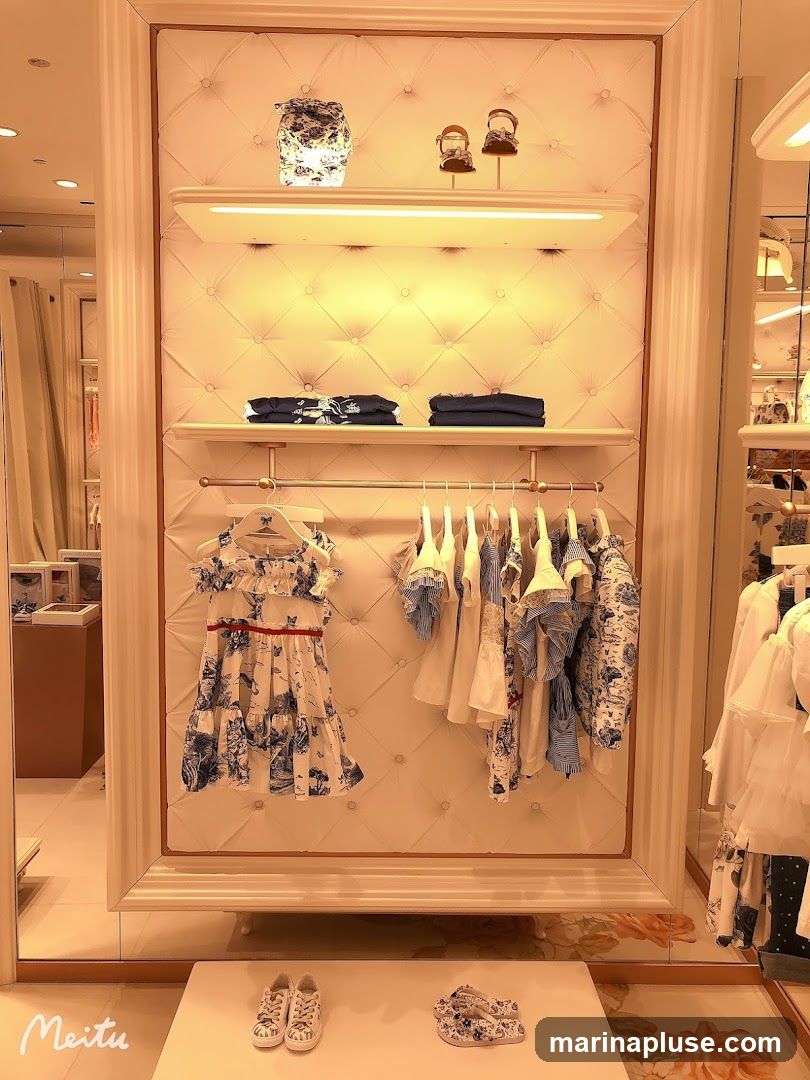 A display of children's clothing and shoes in a store. The clothing features blue and white patterns. There are dresses, shirts, and pants on hangers. On a shelf above, there are folded clothes and a decorative item. On a display table in front, there are pairs of shoes and sandals.