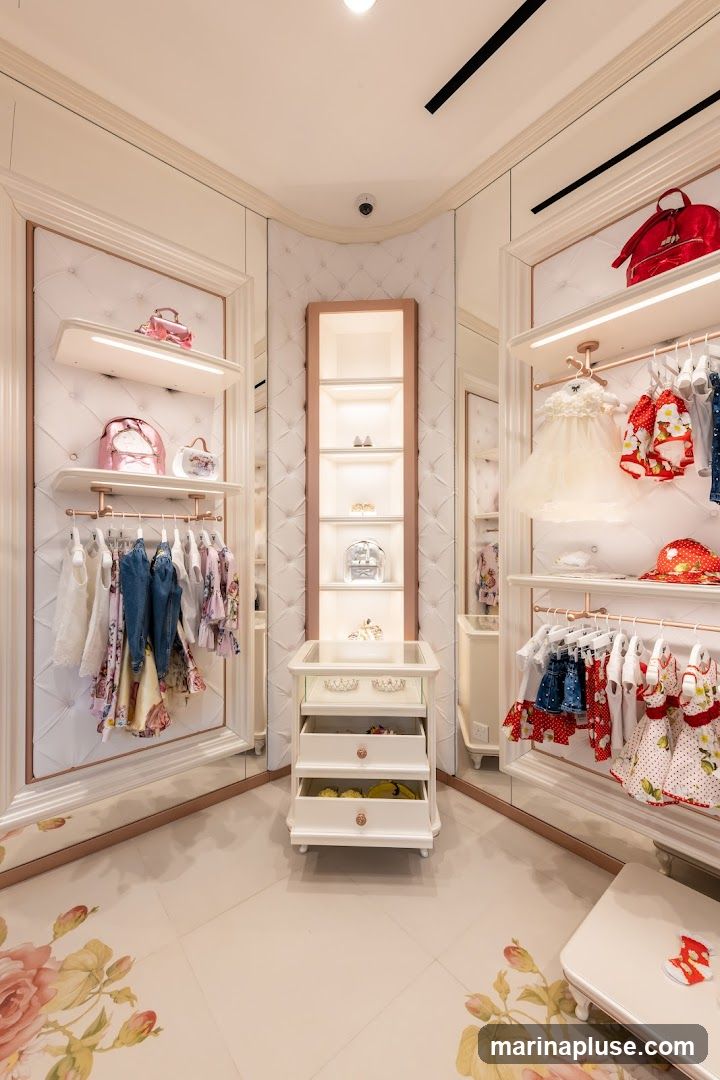 A well-lit and elegantly designed interior of a children's clothing boutique. The walls are paneled with tufted white fabric and accented with rose gold trim. Shelving units display various items, including pink backpacks, handbags, and dresses. Racks are filled with an assortment of children's clothing, featuring dresses, tops, and bottoms in various patterns and colors. A tall, narrow display cabinet showcases shoes and accessories. A white tiered display stand with drawers holds more items, including what appear to be tiaras. The floor is tiled with a delicate floral pattern.