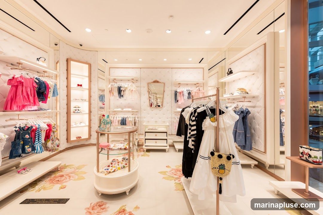 The interior of a brightly lit, elegant children's clothing store. Racks of colorful dresses, outfits, and accessories are neatly displayed on shelves and hanging racks. The decor is predominantly white and gold, with tufted wall panels and floral accents on the floor. A glass display case showcases more items. Mirrors are strategically placed throughout the space, reflecting the merchandise and creating a sense of spaciousness.