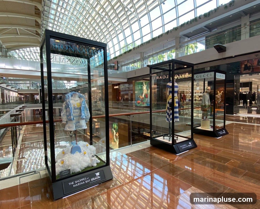 Three glass display cases showcase outfits on mannequins in a modern shopping mall. The first case features a light blue jacket and skirt set with cloud motifs and a white t-shirt. The second case displays a blue and white striped dress with a yellow sash. The third case shows a patterned jacket and pants. The displays are set against a backdrop of various luxury brand stores, including Gucci and Yves Saint Laurent, visible through glass storefronts. The mall has a distinctive domed glass ceiling and polished wooden floors.