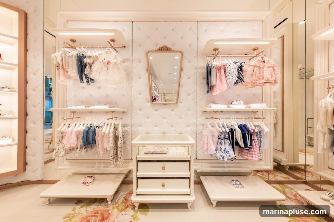 A well-lit and elegantly designed interior of a children's clothing store. Racks of neatly hung baby and toddler clothes, including dresses, jackets, and outfits, are displayed against a tufted white wall. The clothing is predominantly in pastel colors like pink, white, and blue, with some floral patterns. There are also shelves displaying folded items and a central display cabinet with drawers. A decorative mirror hangs on the wall. The floor has a large floral print.