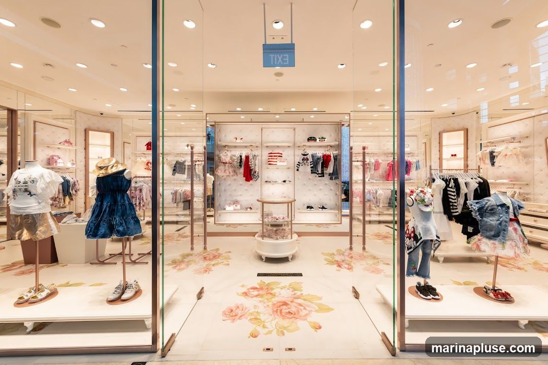 A bright and airy children's clothing store interior, viewed from the entrance. Mannequins display outfits, and racks of clothing are neatly organized. The floor is decorated with floral patterns. An illuminated exit sign is visible above the entrance.