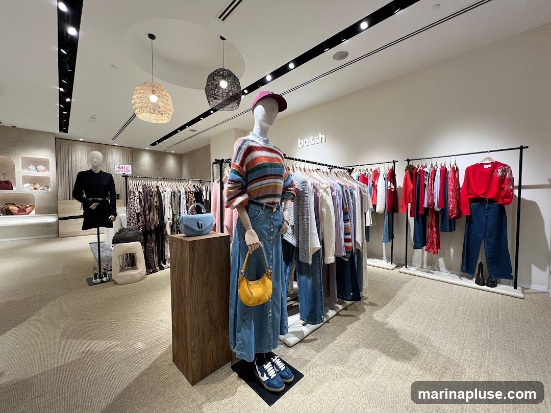 A well-lit clothing store interior featuring mannequins dressed in fashionable outfits and racks of clothing. The store has a modern and clean aesthetic with beige carpeting and minimalist decor. A prominent sign with the logo "ba&sh" is visible on the wall. There are also display shelves with handbags and a "SALE" sign.