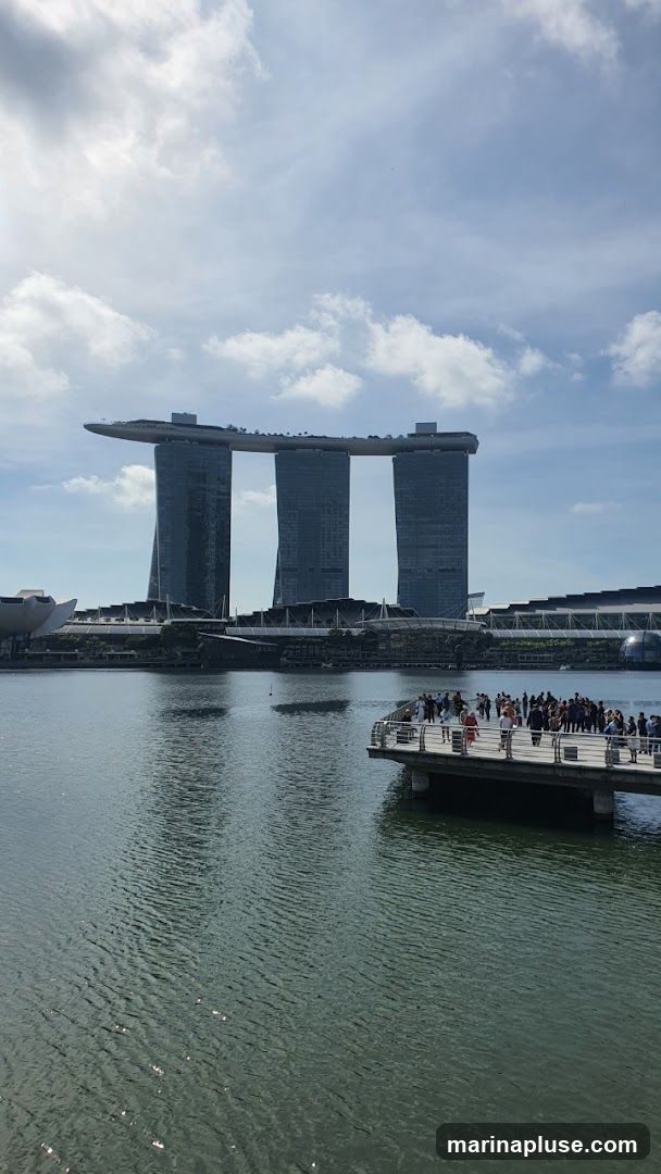 A wide shot of the Marina Bay Sands complex in Singapore, with its iconic three towers topped by a ship-like structure. The towers are reflected in the calm water of the bay in the foreground. A pier with several people is visible on the right side of the image. The sky is partly cloudy.