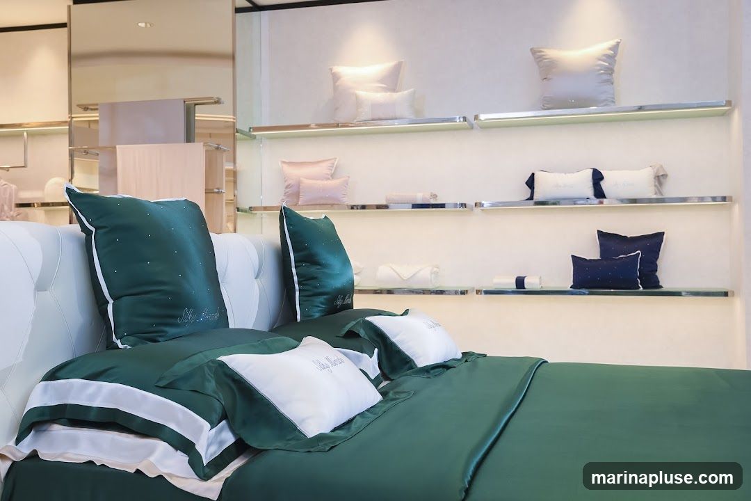 A beautifully made bed with deep emerald green silk sheets and pillowcases is displayed. Several decorative pillows, including emerald green ones with white trim and white ones with embroidered text, are arranged on the bed. In the background, shelves display various silk pillows and folded linens in shades of pink, white, and navy blue. The overall impression is one of luxury and comfort.