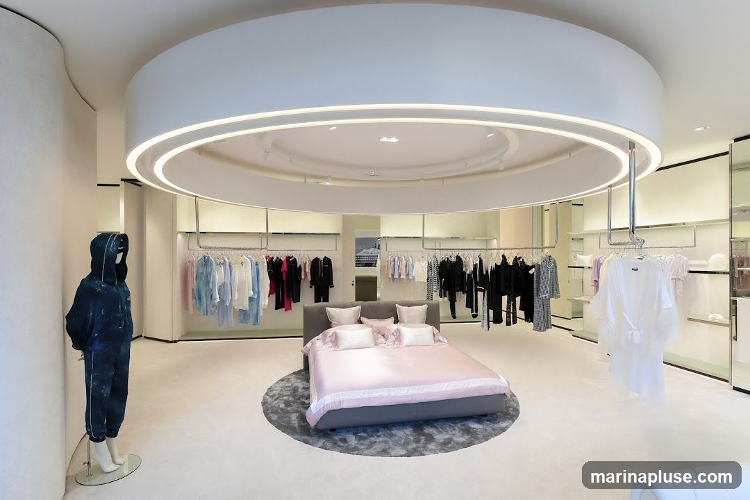 A spacious and elegantly designed clothing store interior featuring a central display bed with pink satin bedding. Racks of clothing, including dresses, suits, and loungewear, are arranged around the room. A mannequin dressed in a galaxy-print tracksuit stands near the entrance. The store has a modern aesthetic with a circular ceiling feature and soft lighting.