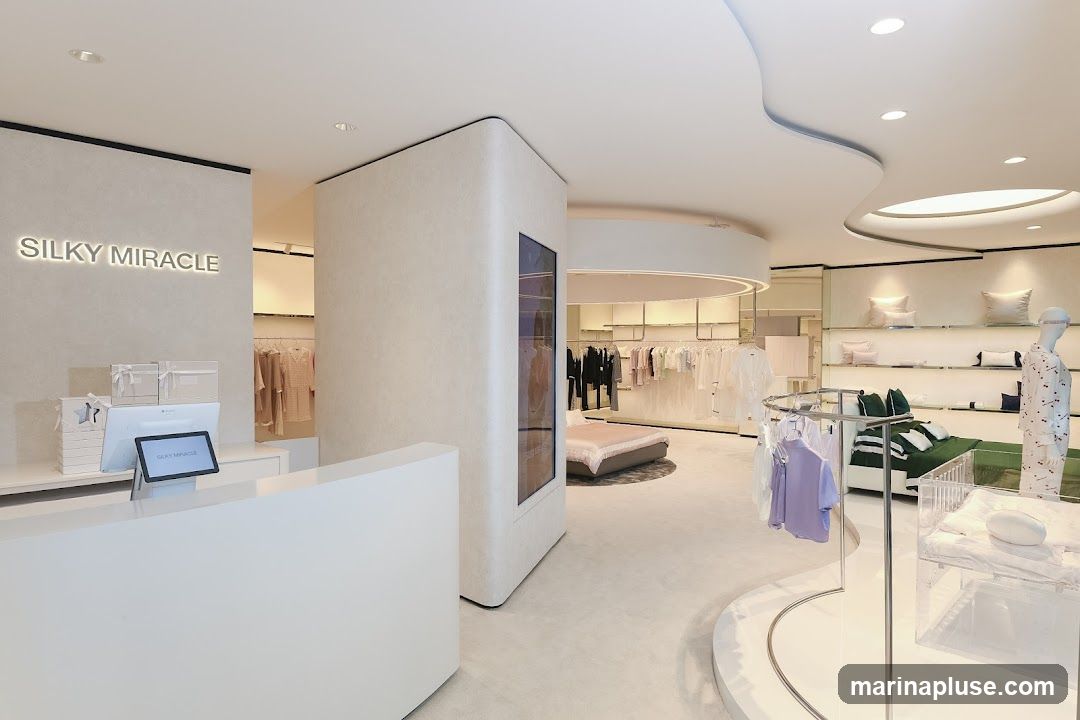The interior of a modern and minimalist store named Silky Miracle. The store features a clean white counter with a computer monitor, displays of neatly folded gift boxes, and clothing racks filled with apparel. In the background, shelves are stocked with pillows and bedding, and a mannequin is dressed in sleepwear. The overall ambiance is bright and airy, with soft lighting and a focus on product display.