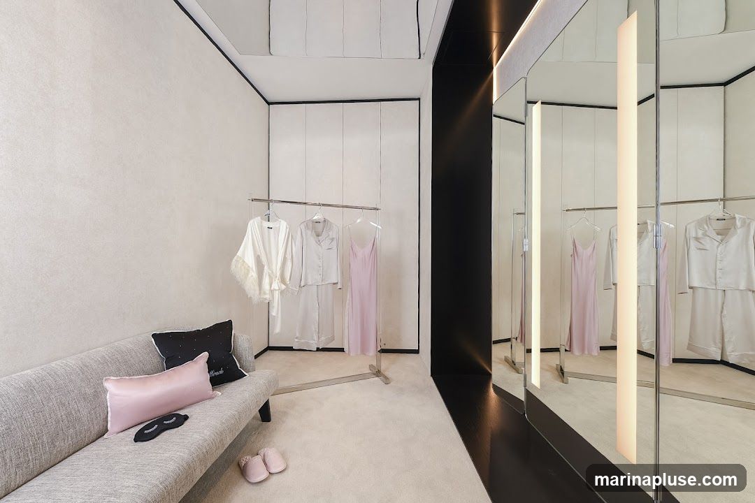 A luxurious dressing room with a grey sofa, pink and black pillows, and a pair of pink slippers. A clothing rack displays silk pajamas and a slip dress. Mirrors line one wall, reflecting the clothing and the room's soft lighting.