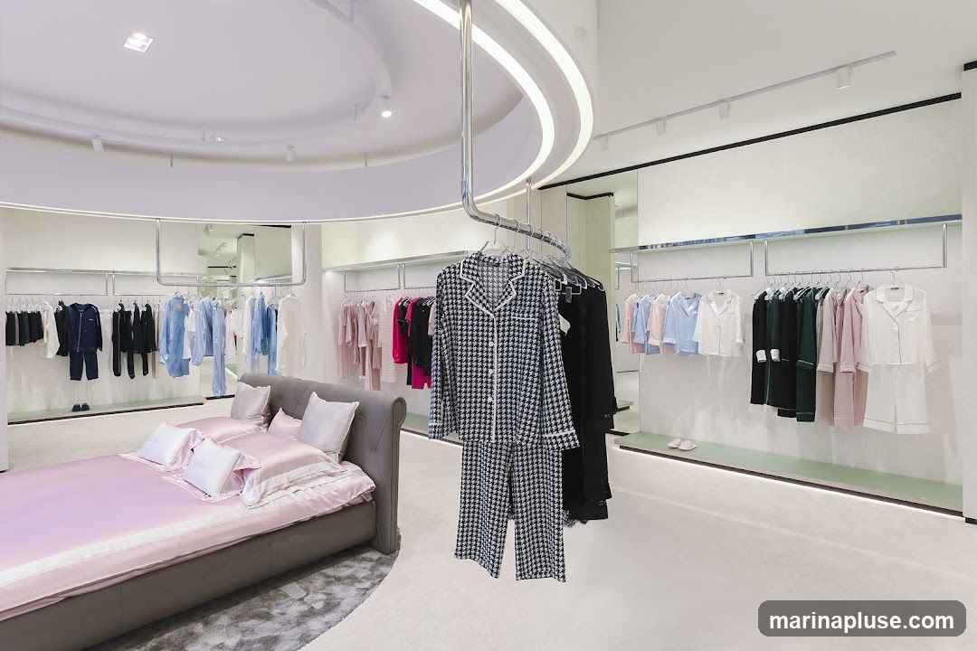 A brightly lit store interior with a bed set up in the foreground, featuring pink satin bedding and pillows. Behind the bed, racks of pajamas and loungewear are displayed in various colors including navy, blue, white, pink, and green. A black and white houndstooth pajama set is prominently displayed on a hanger in the center. The store has a modern and clean aesthetic with white walls and curved ceiling elements.
