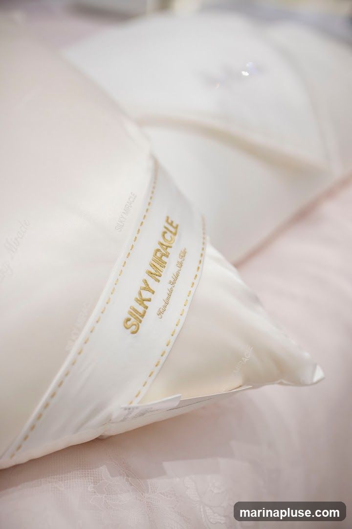 A close-up, shallow depth of field shot of a white silk pillow with a gold embroidered ribbon that reads "SILKY MIRACLE" and "Handmade Golden Silk Filler".