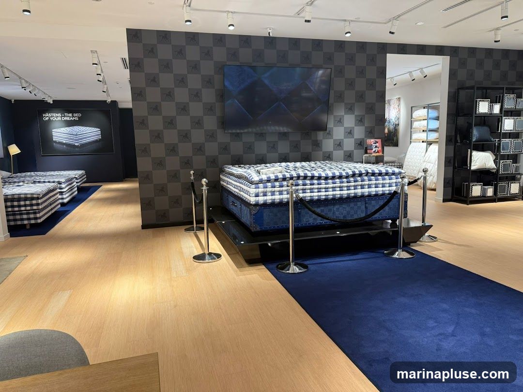A high-end mattress showroom featuring several beds with blue and white checkered bedding. One prominent bed is displayed on a raised platform with velvet ropes. The walls are decorated with a dark wallpaper featuring a horse motif, and a large screen displays an image of a mattress. Shelving units display pillows and other bedding accessories. The floor is made of light-colored wood, and a dark blue carpet leads to the main display bed.