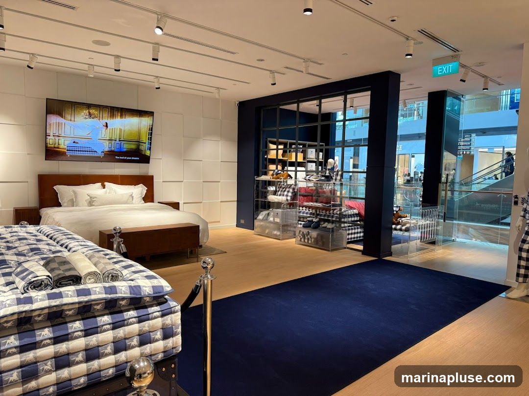 A well-lit store interior features a display of bedding and bedroom furniture. In the foreground, a mattress is covered in blue and white checkered bedding with horse motifs, with rolled towels on top. Behind it, a larger bed is made with white linens and a brown headboard, flanked by wooden nightstands. A dark wooden bench sits at the foot of the bed. A large television screen on the wall displays an advertisement with the text "The bed of your dreams." To the right, a section of the store showcases shelves with folded blankets, pillows, and other home goods, displayed in clear acrylic cases. A dark blue carpet covers part of the floor. In the background, through a glass partition, a shopping mall concourse with escalators and other stores is visible. An illuminated green "EXIT" sign is mounted on the ceiling.