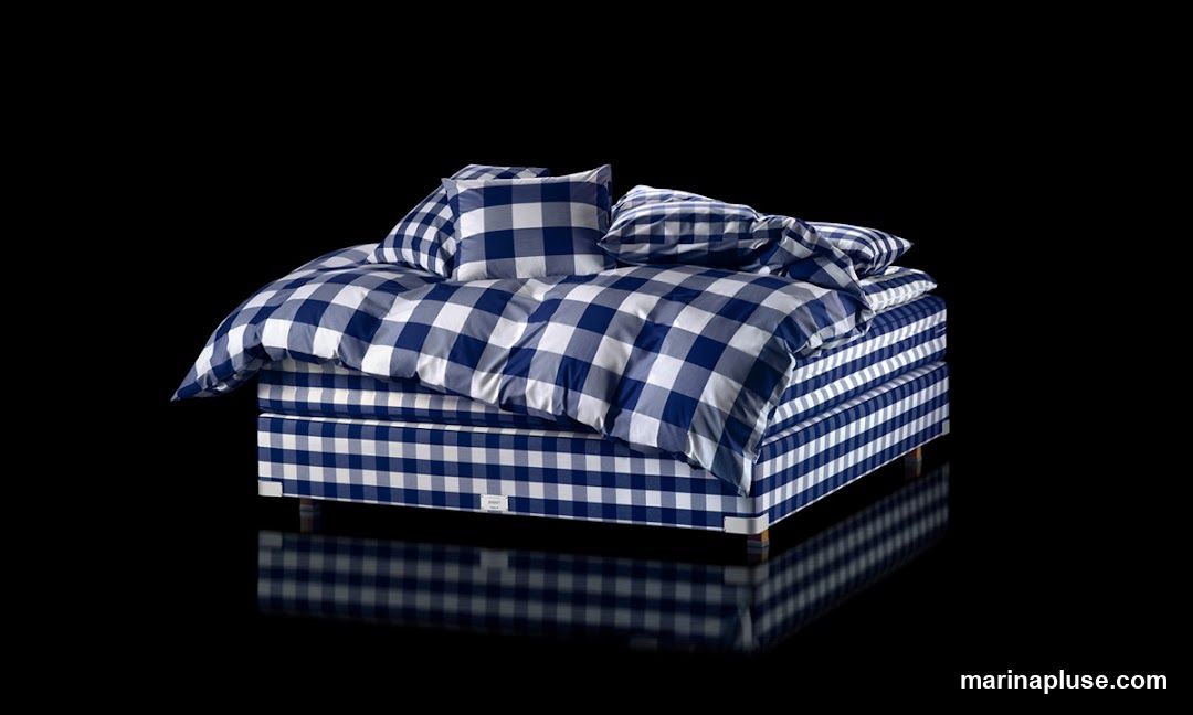 A bed with blue and white gingham patterned bedding, including a duvet and pillows, is displayed against a black background. The bed frame also features the same gingham pattern.