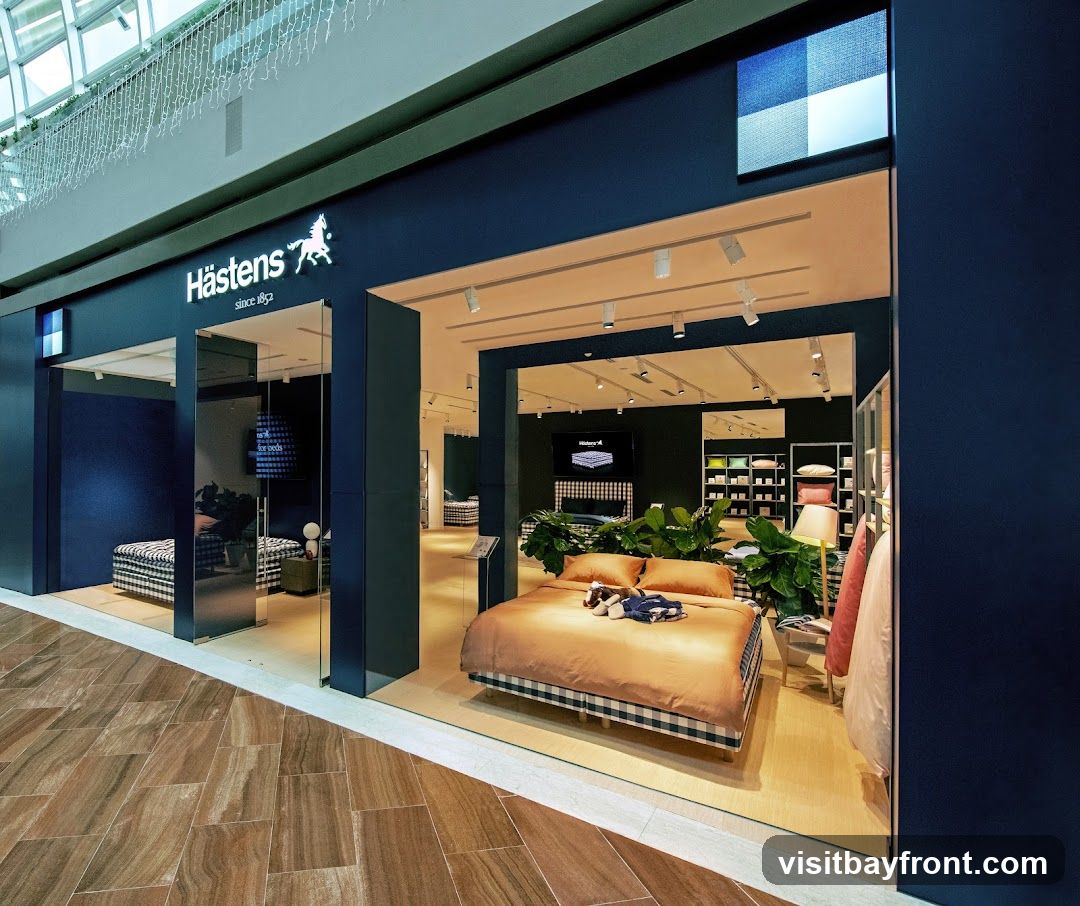 The exterior of a Hästens store, a bed retailer. The storefront features a large glass window displaying a bed with orange bedding and checkered patterns. Inside, shelves are stocked with pillows and bedding. The store's logo, "Hästens since 1852," is visible above the entrance.